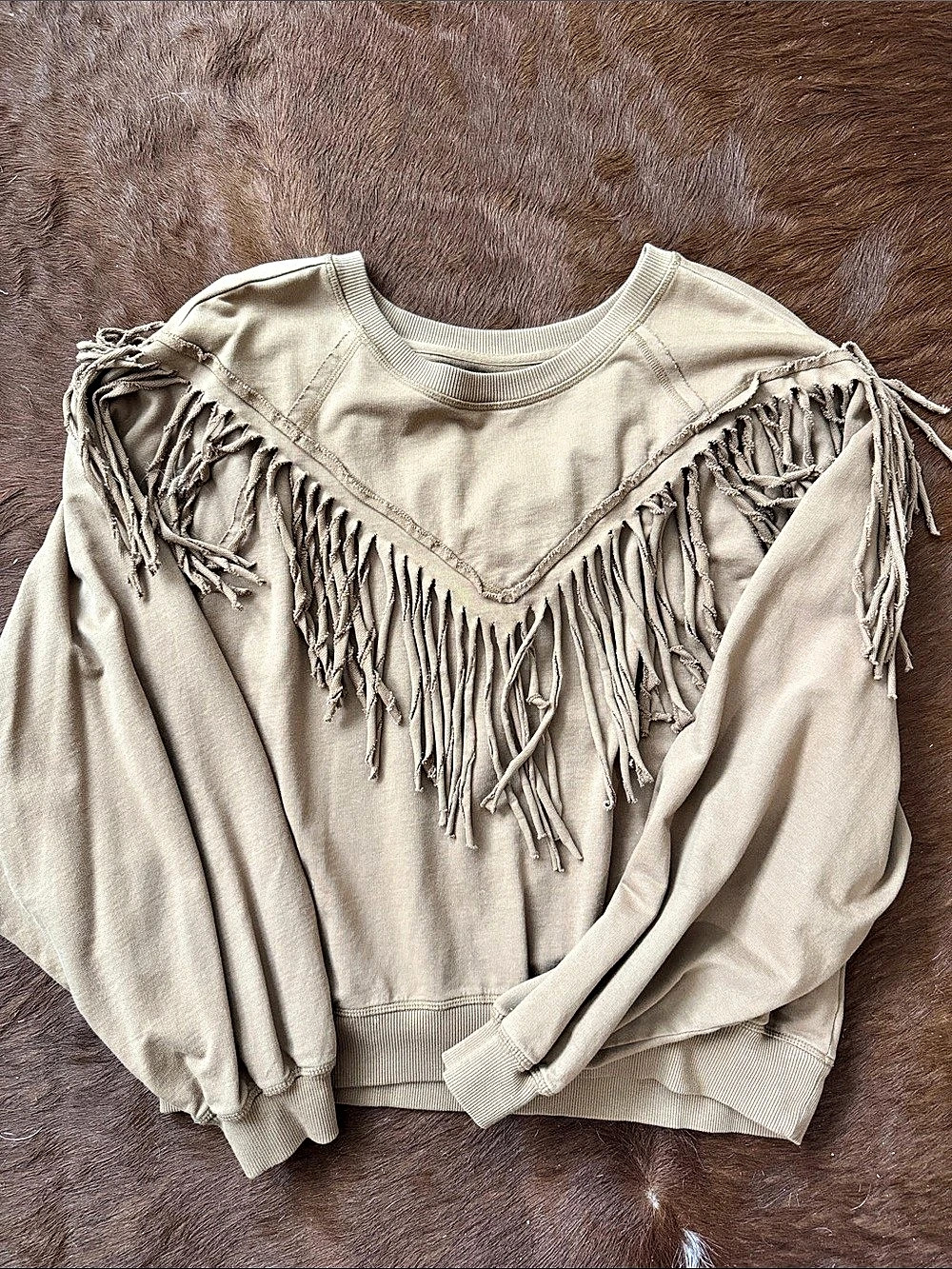 Chelsea Deboer Fringe Crew Sweatshirt Beige